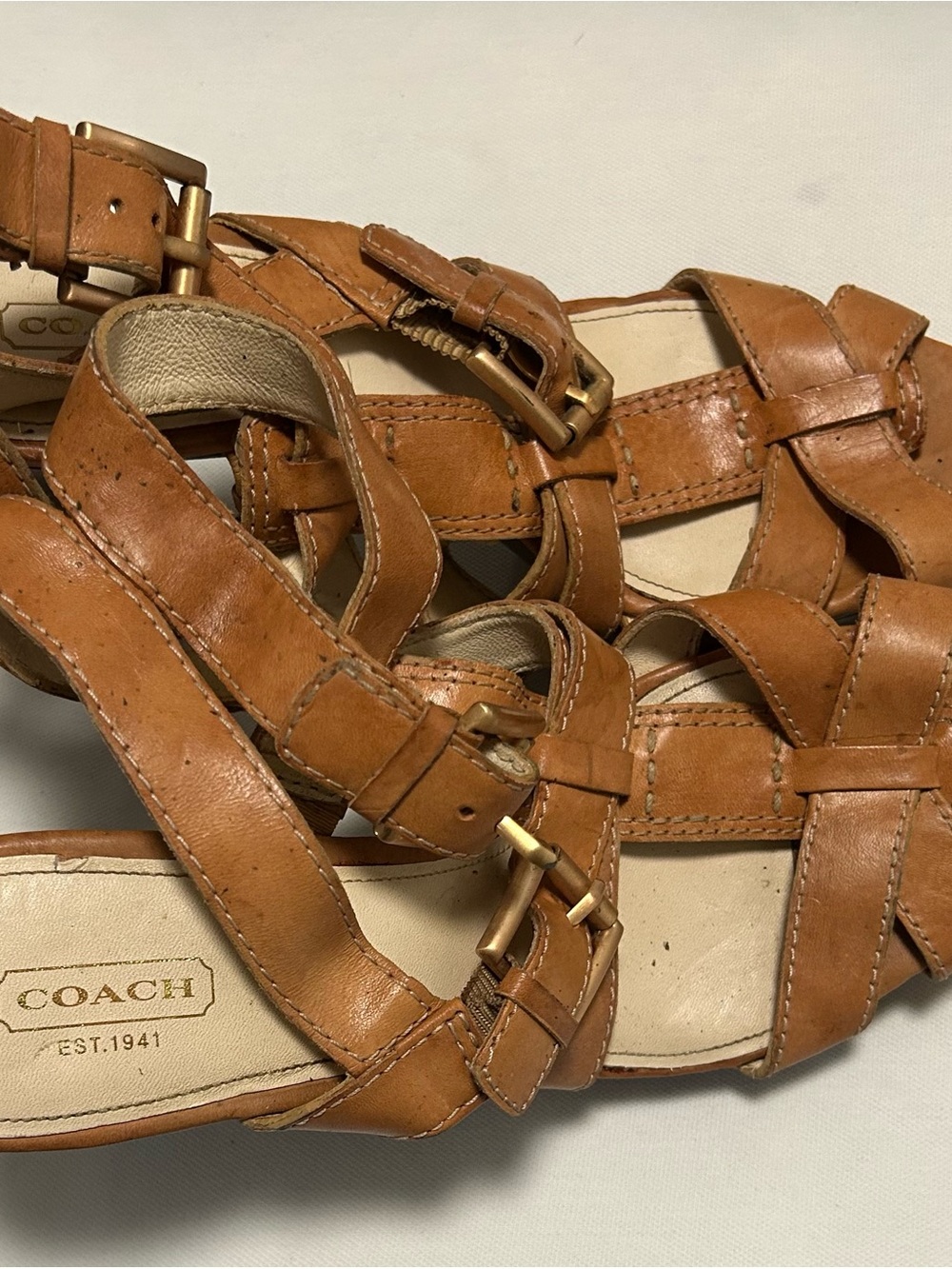 COACH Cognac Brown Leather Strappy Buckle Sandals